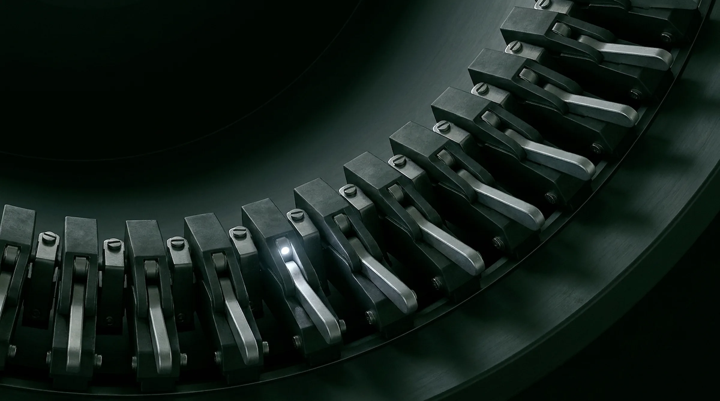 Cascade of dark machined relay switches sweeping through an arc, a single switch lit mid-throw