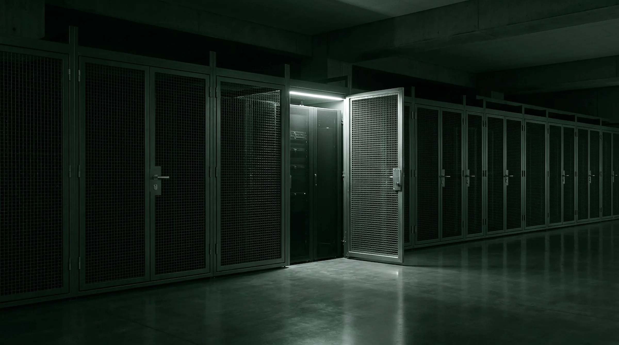 Row of locked private server cages in a dark data hall - one cage stands open with a lit rack inside
