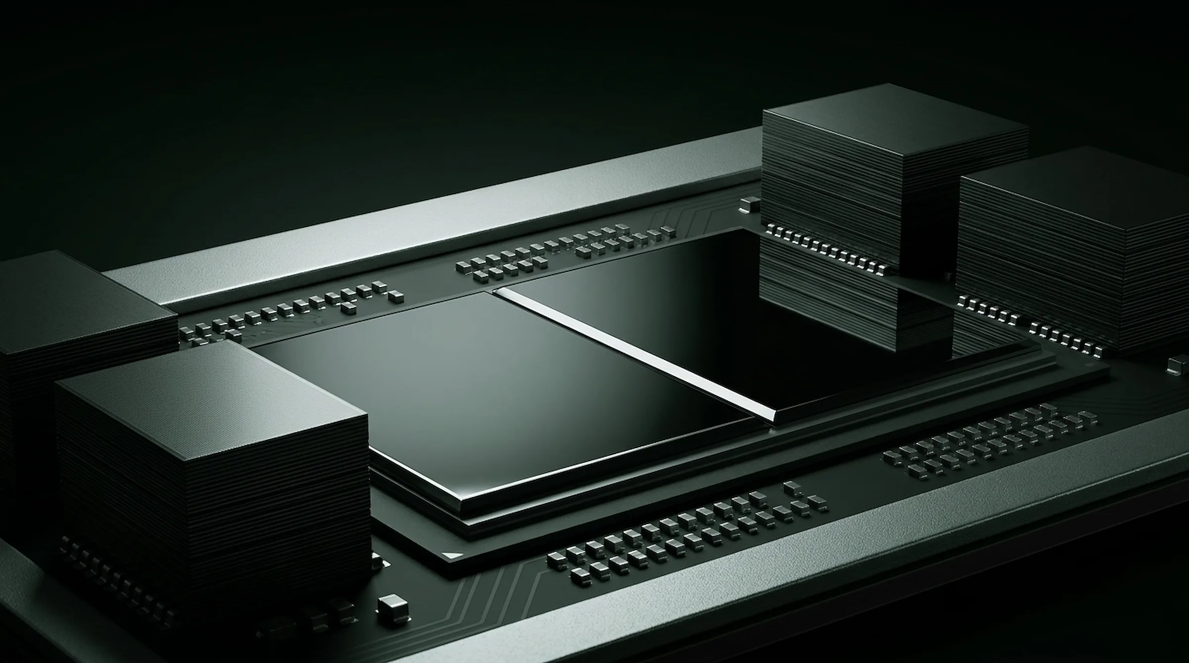 Macro render of a Blackwell GPU package - silver dies on a dark substrate under cool white light