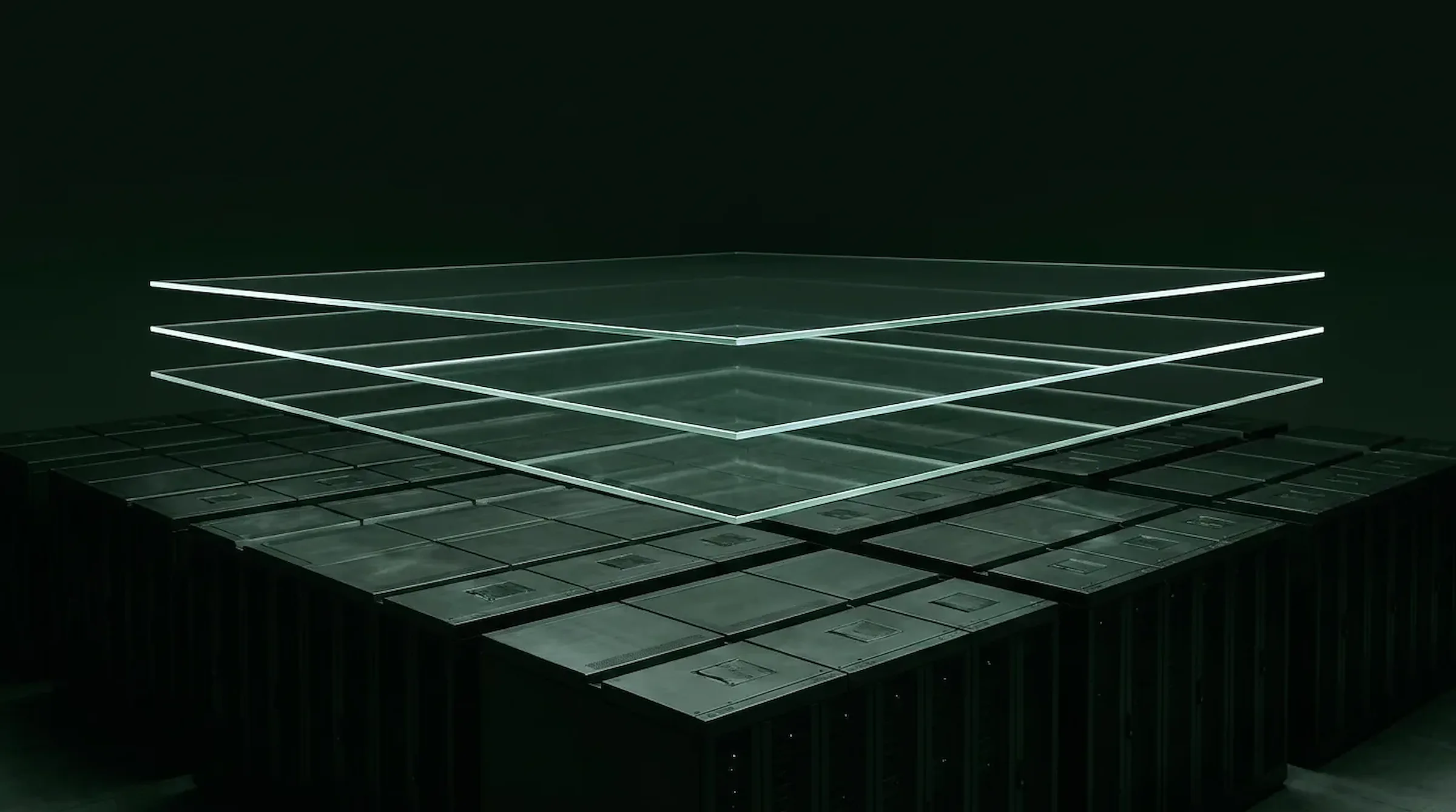 Layered planes of software rising off sovereign GPU hardware - abstract render