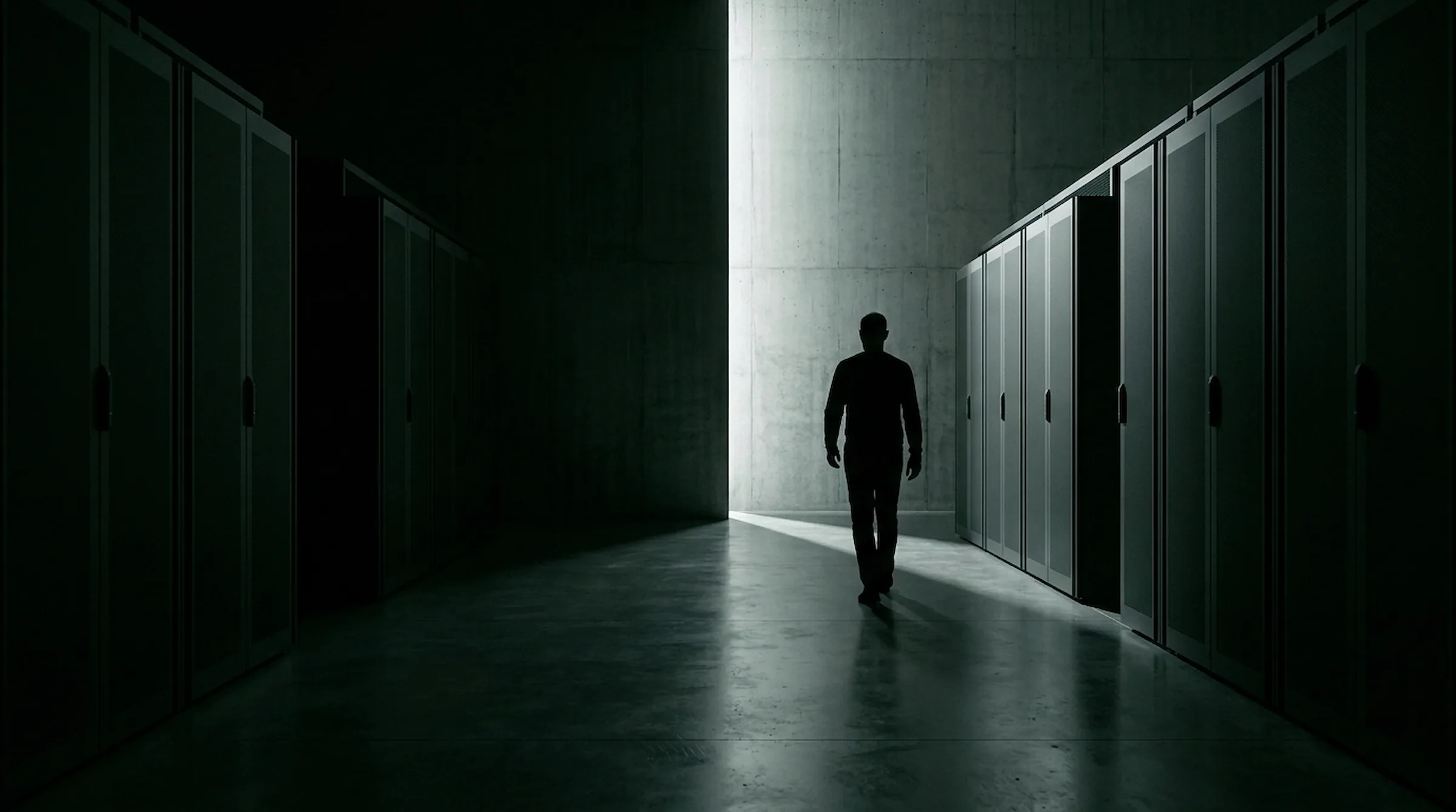 A silhouetted engineer walking a dark data hall aisle toward a bright slot of light between server racks