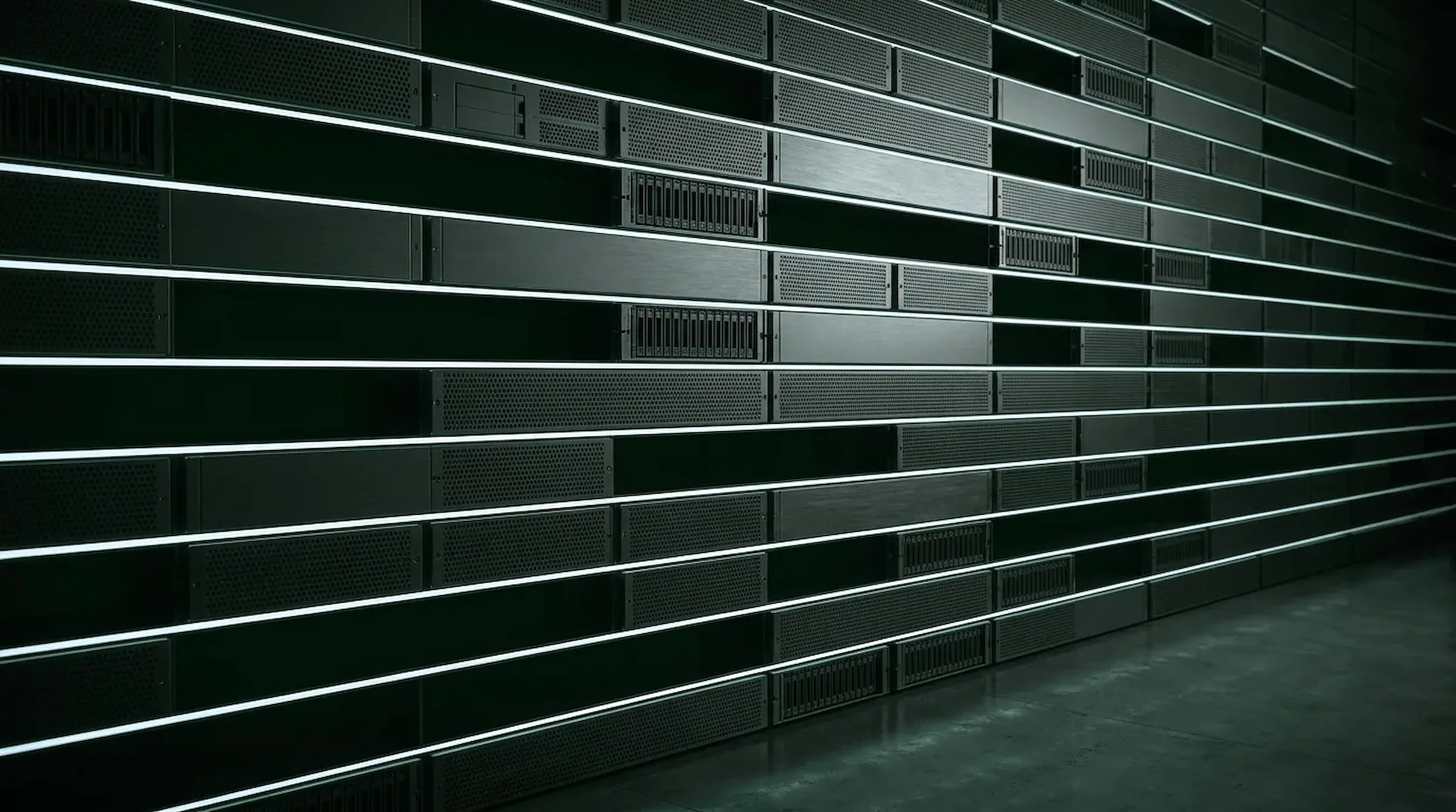 Layered storage strata render - stacked dark slabs separated by seams of white light