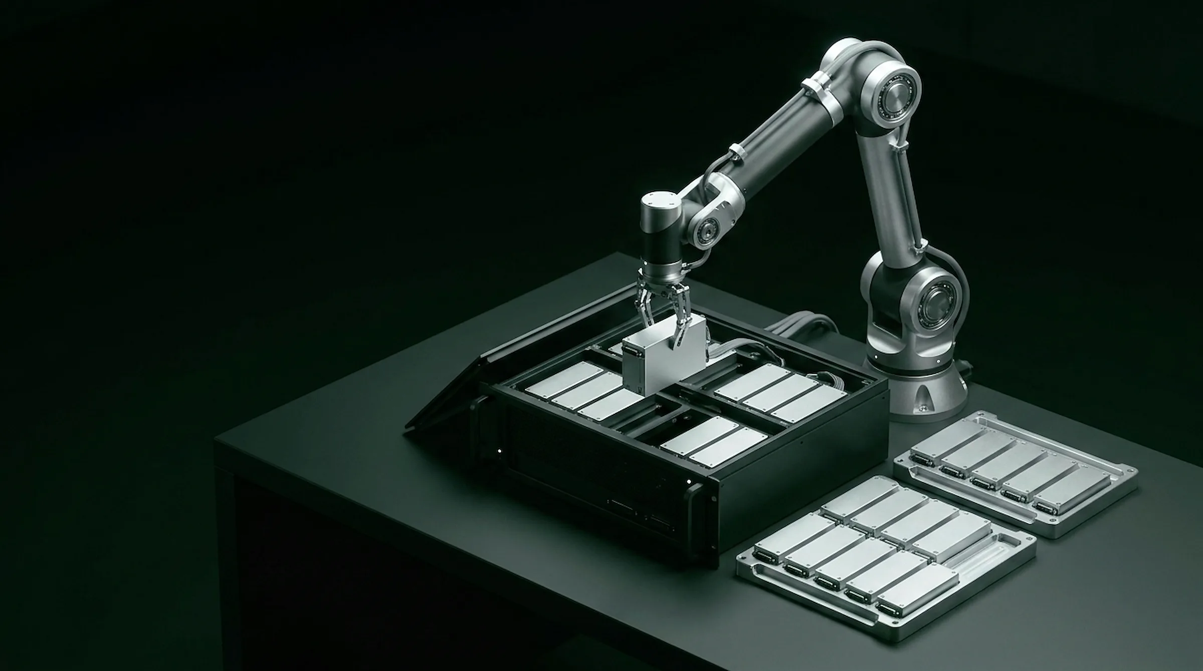 Robotic service arm poised over an open dark server chassis with parts trays laid out beside it