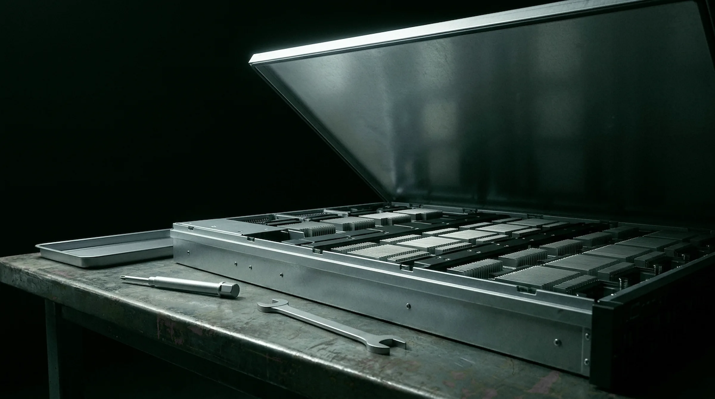 A massive GPU server chassis open on a build bench, tools staged under cool workshop light