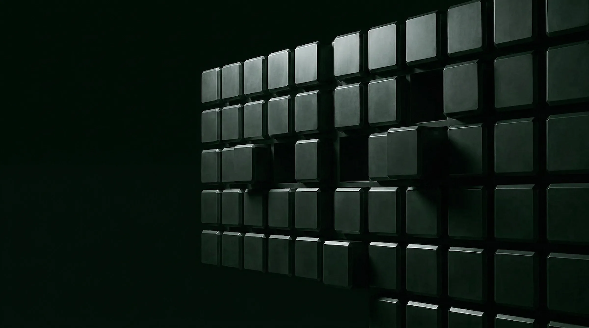 Abstract orchestration lattice of suspended dark cubes, their edges traced in white light
