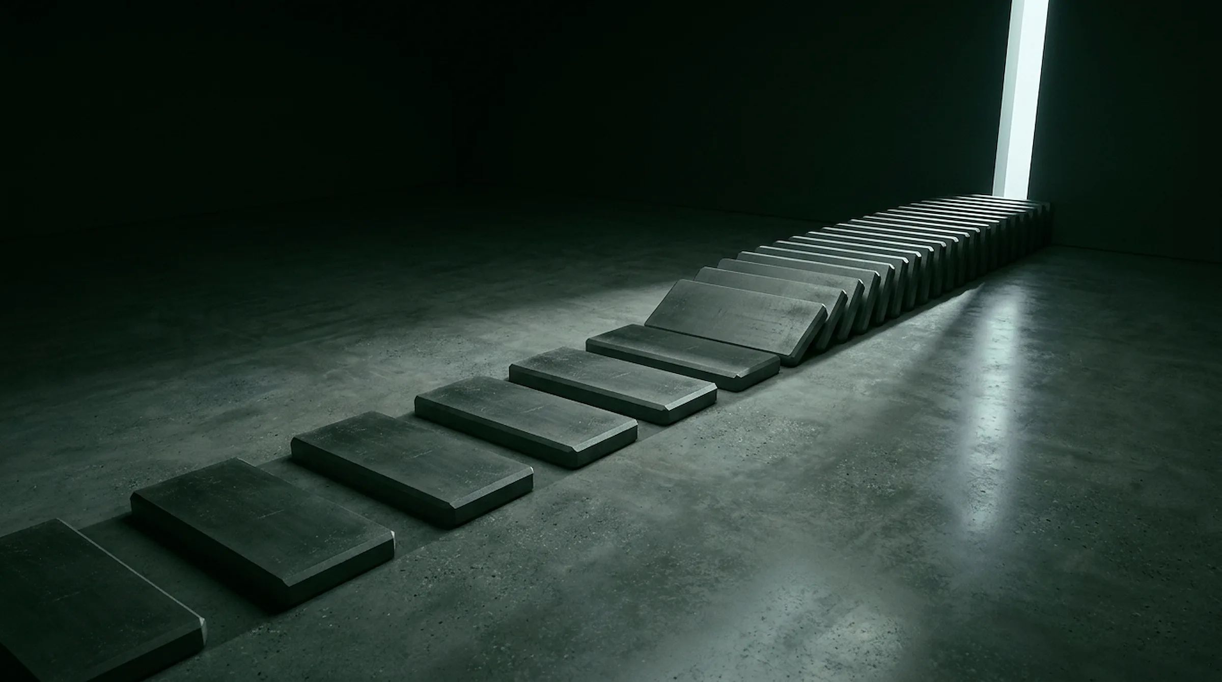Ordered queue of dark machined blocks feeding a bright white gate of light