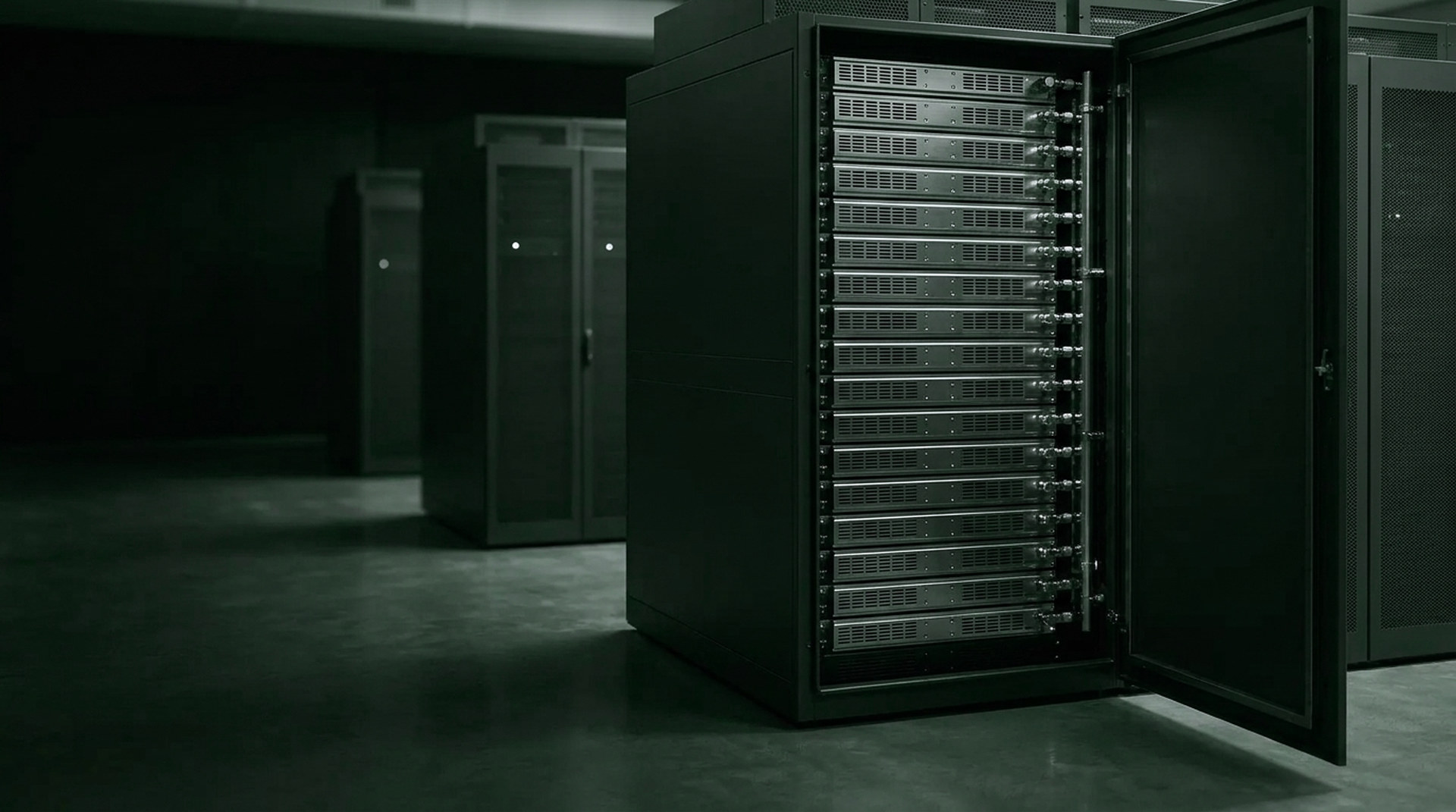 GPU cluster hall - aisle of dark racks under cool white light