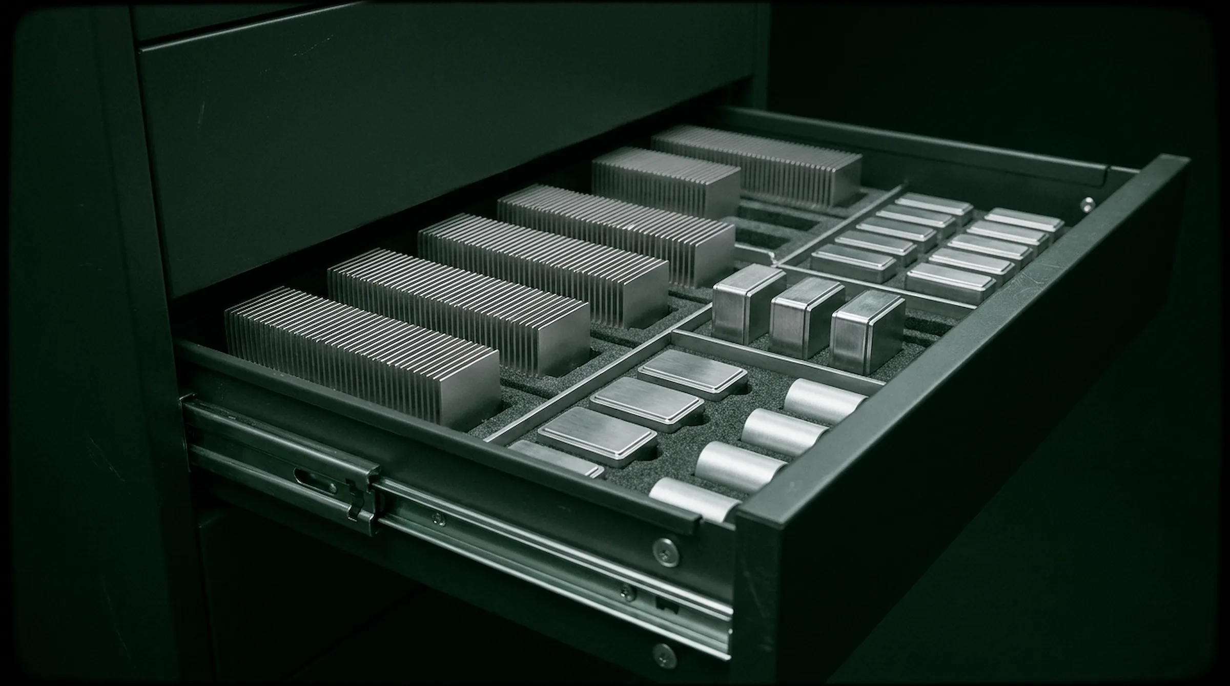 Ordered trays of network cards and GPU modules in a lit component drawer