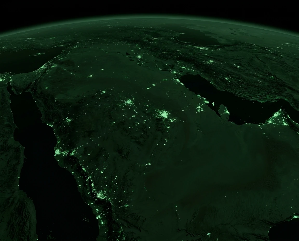 The Arabian Peninsula at night from orbit, with Riyadh linked to Kuwait City, Manama, Doha, Dubai and Muscat.