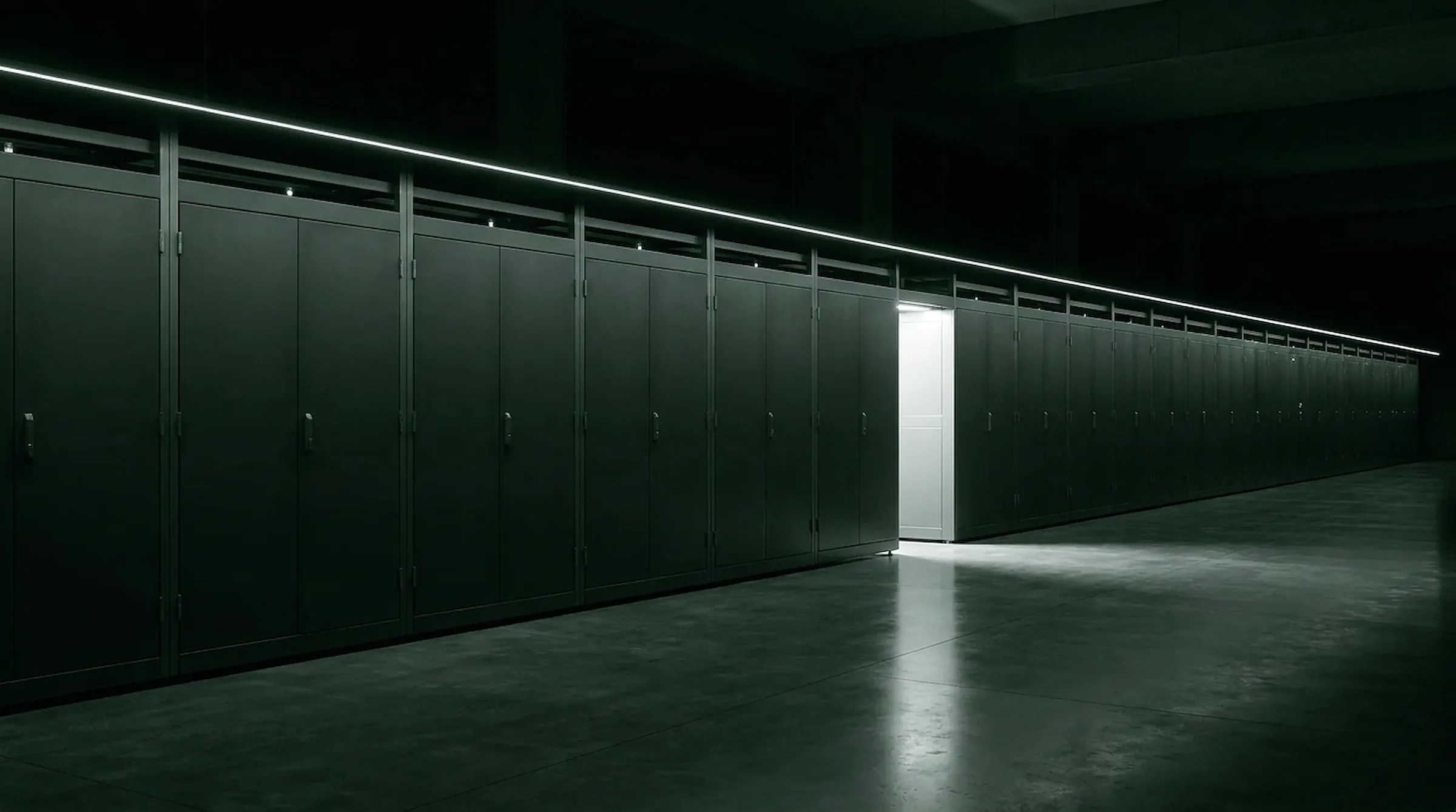 A dark hall of sealed compute cabinets, one door open and glowing white - reserved capacity waiting for its run